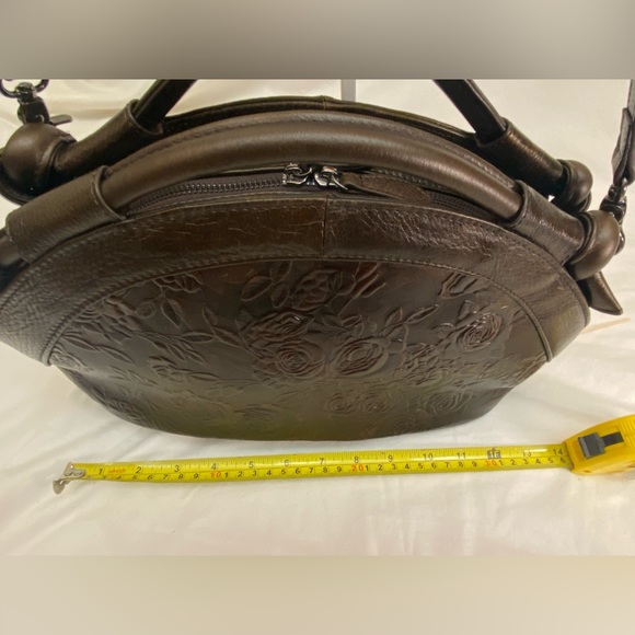 Retro Tooled Coffee Brown Leather Cowhide Two-Way Handbag Adjustable Strap EUC - Picture 15 of 16